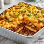 Cheeseburger Casserole topped with French fries and melted cheese