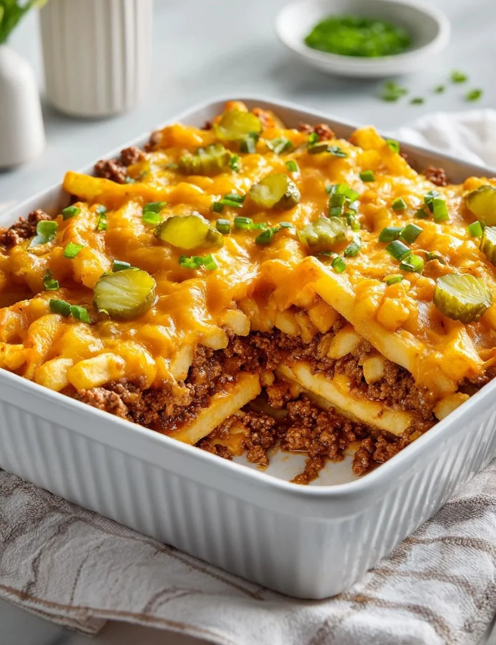 Cheeseburger Casserole topped with French fries and melted cheese