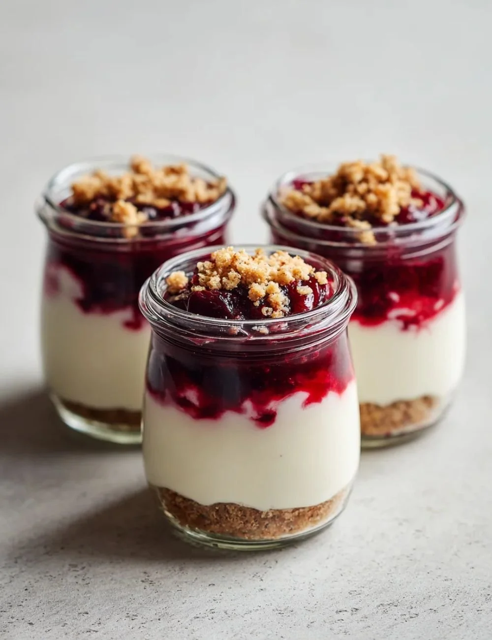 Delicious cherry cheesecake jars topped with fresh cherries and whipped cream