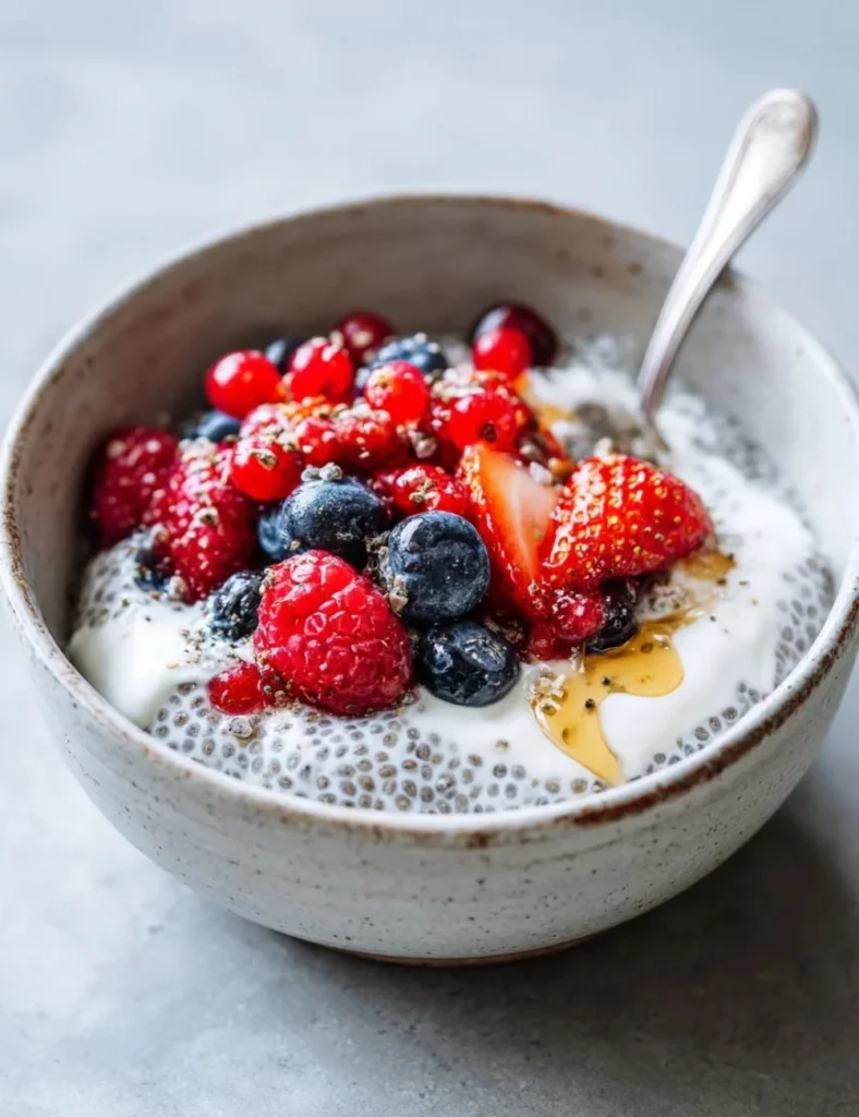 Delicious chia seed pudding topped with creamy yogurt and fresh fruits