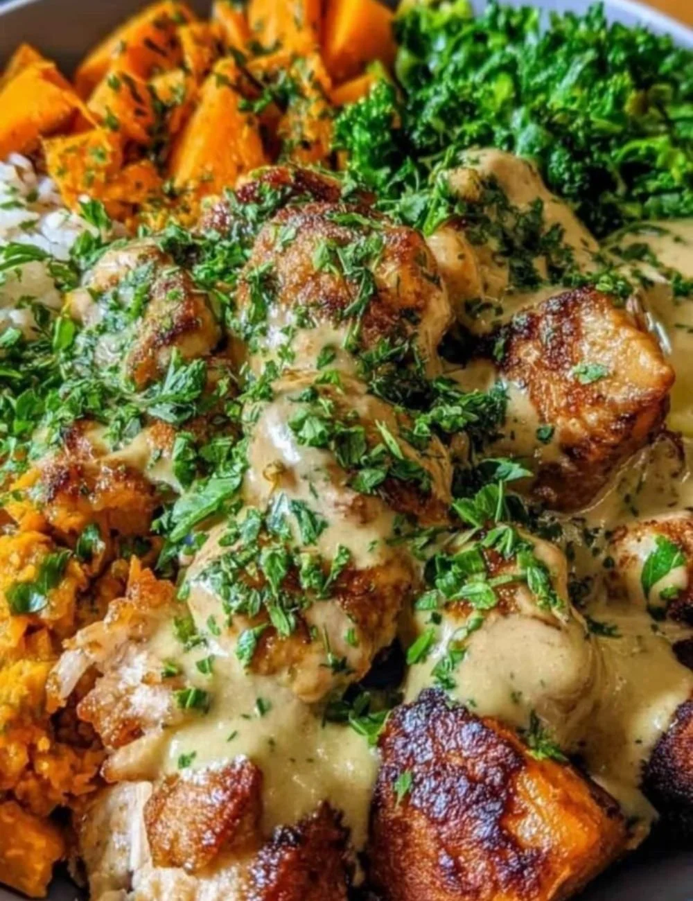 Healthy Chicken and Sweet Potato Bowls with vegetables and spices