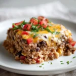 Delicious Chicken Burrito Casserole topped with cheese and fresh herbs