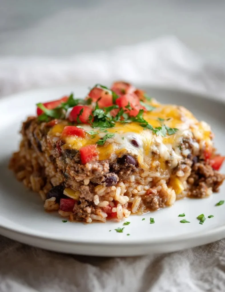 Delicious Chicken Burrito Casserole topped with cheese and fresh herbs