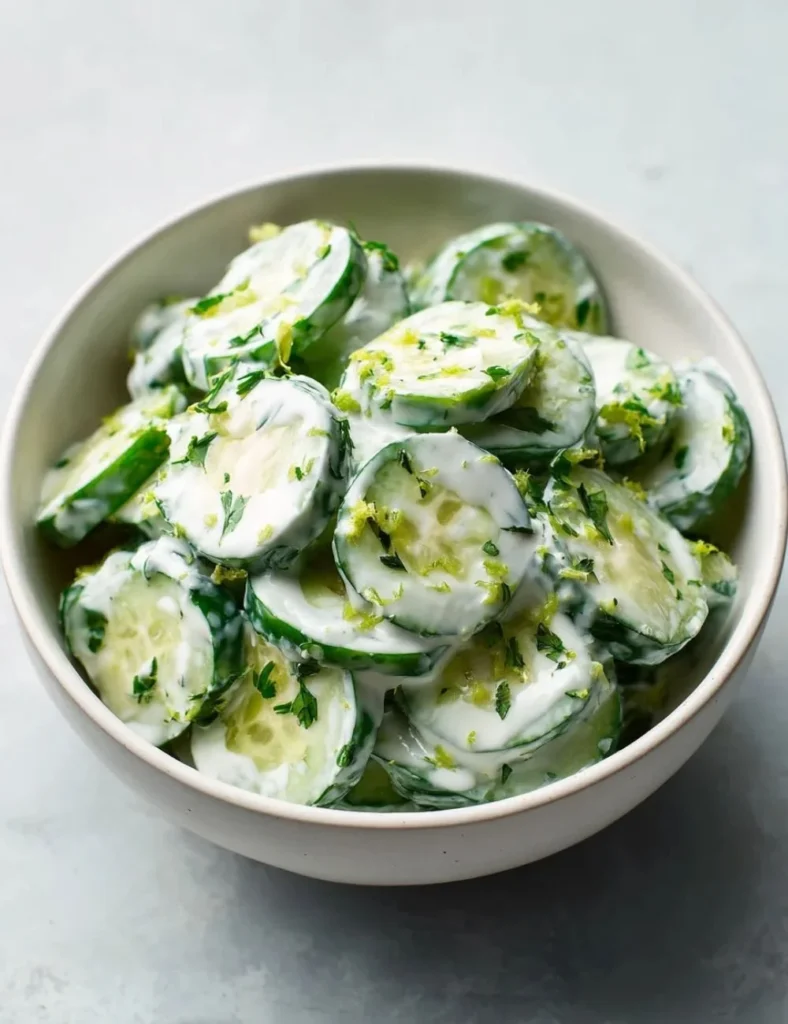 Cilantro Lime Greek Yogurt Cucumber Salad served in a bowl