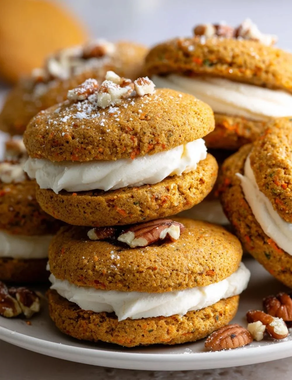Cinnamon carrot cake sandwich cookies with cream filling on a wooden table.