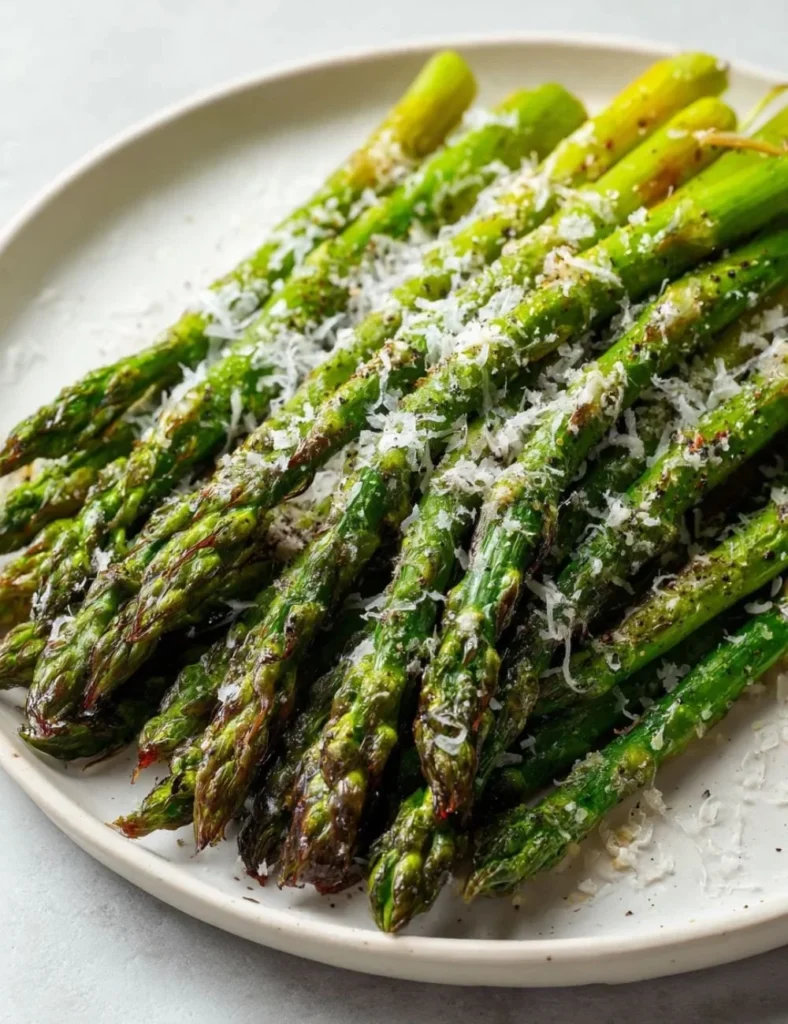 Plate of classic baked asparagus topped with parmesan cheese