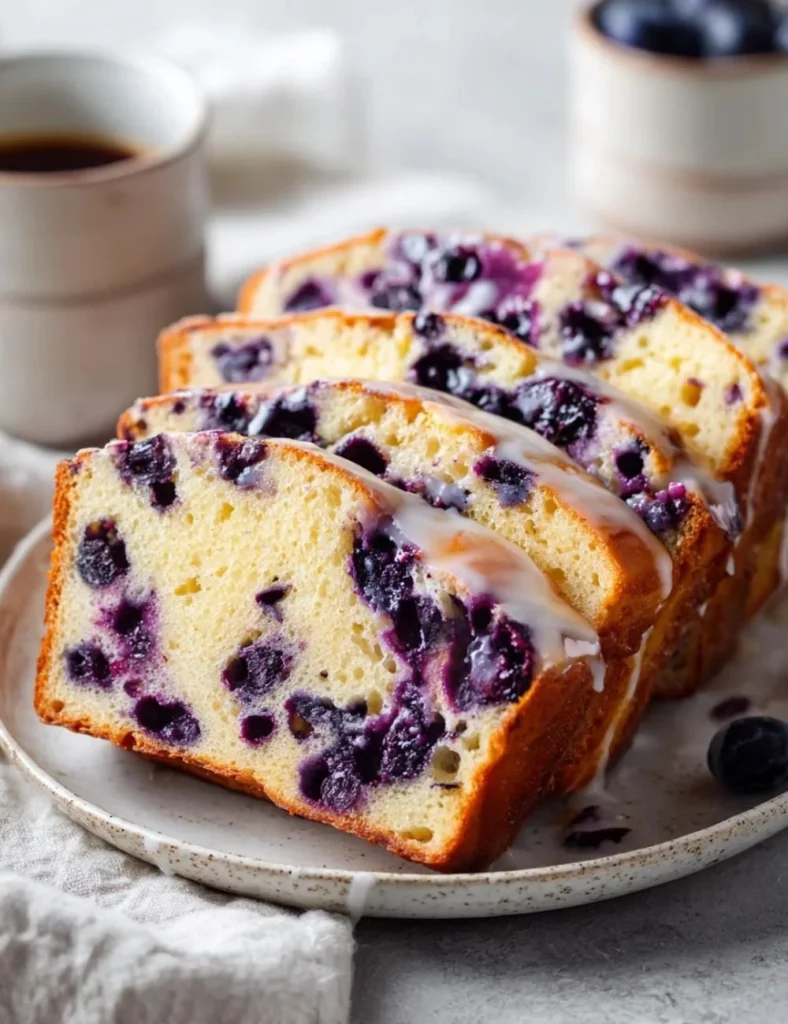 Sliced blueberry sourdough bread with lemon glaze on a wooden cutting board