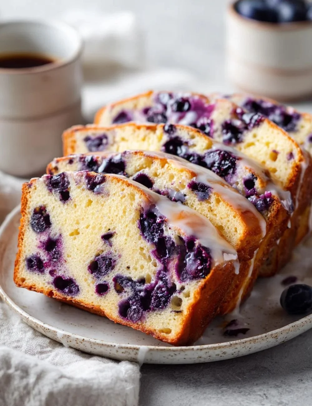 Sliced blueberry sourdough bread with lemon glaze on a wooden cutting board