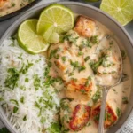 Coconut Lime Tofu dish served with fresh herbs and lime wedges