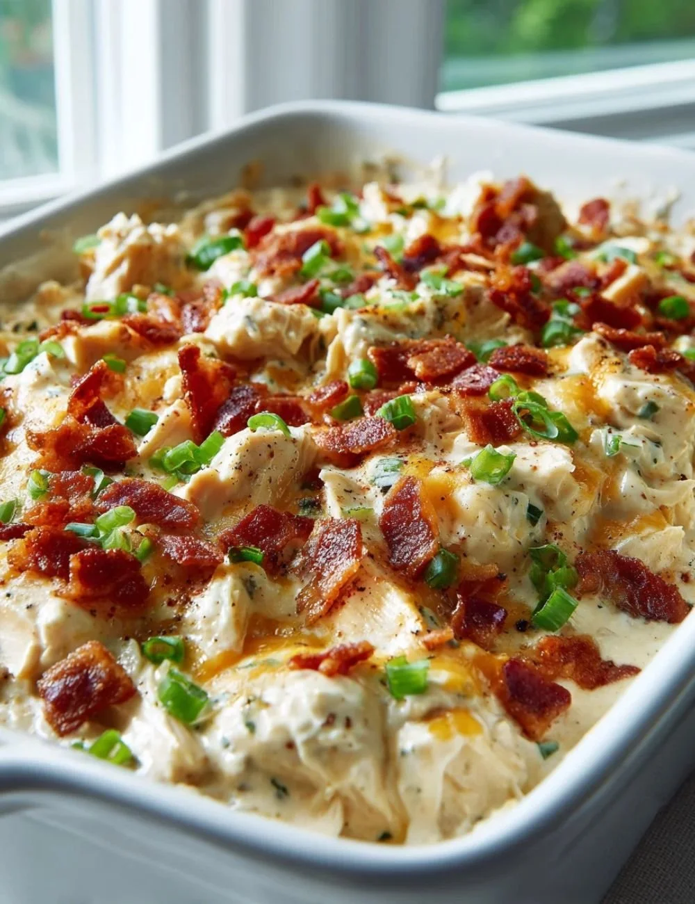 Delicious Crack Chicken Casserole with creamy sauce and toppings
