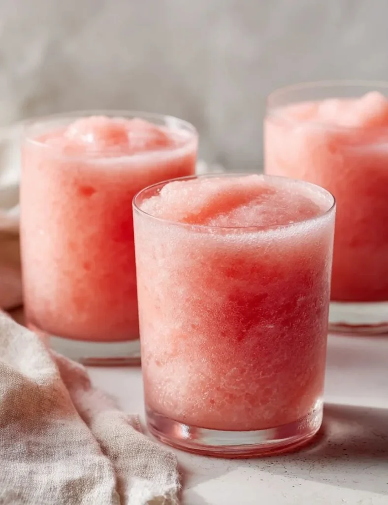 Creamy coconut watermelon smoothie slush in a glass with fresh fruit