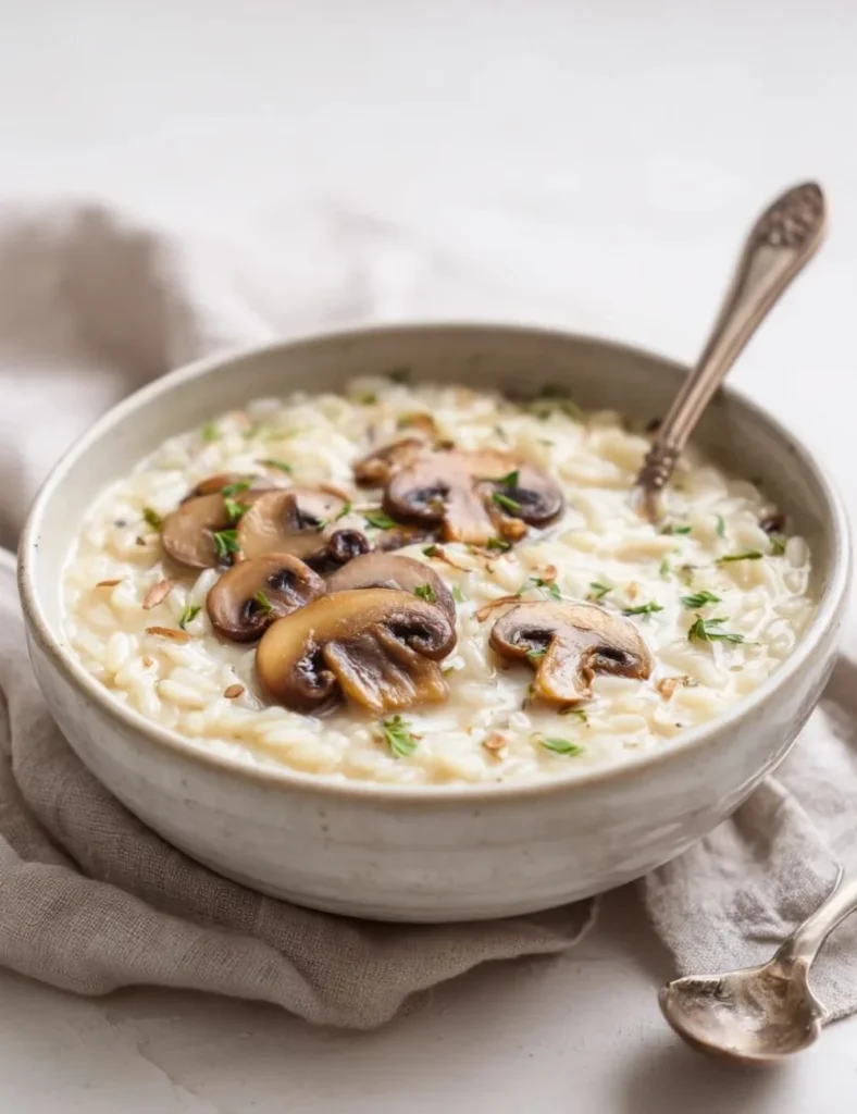 Creamy mushroom orzo soup in a bowl with fresh herbs