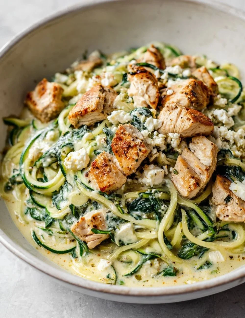 Creamy Spinach Feta Chicken served over zucchini noodles in a vibrant dish.