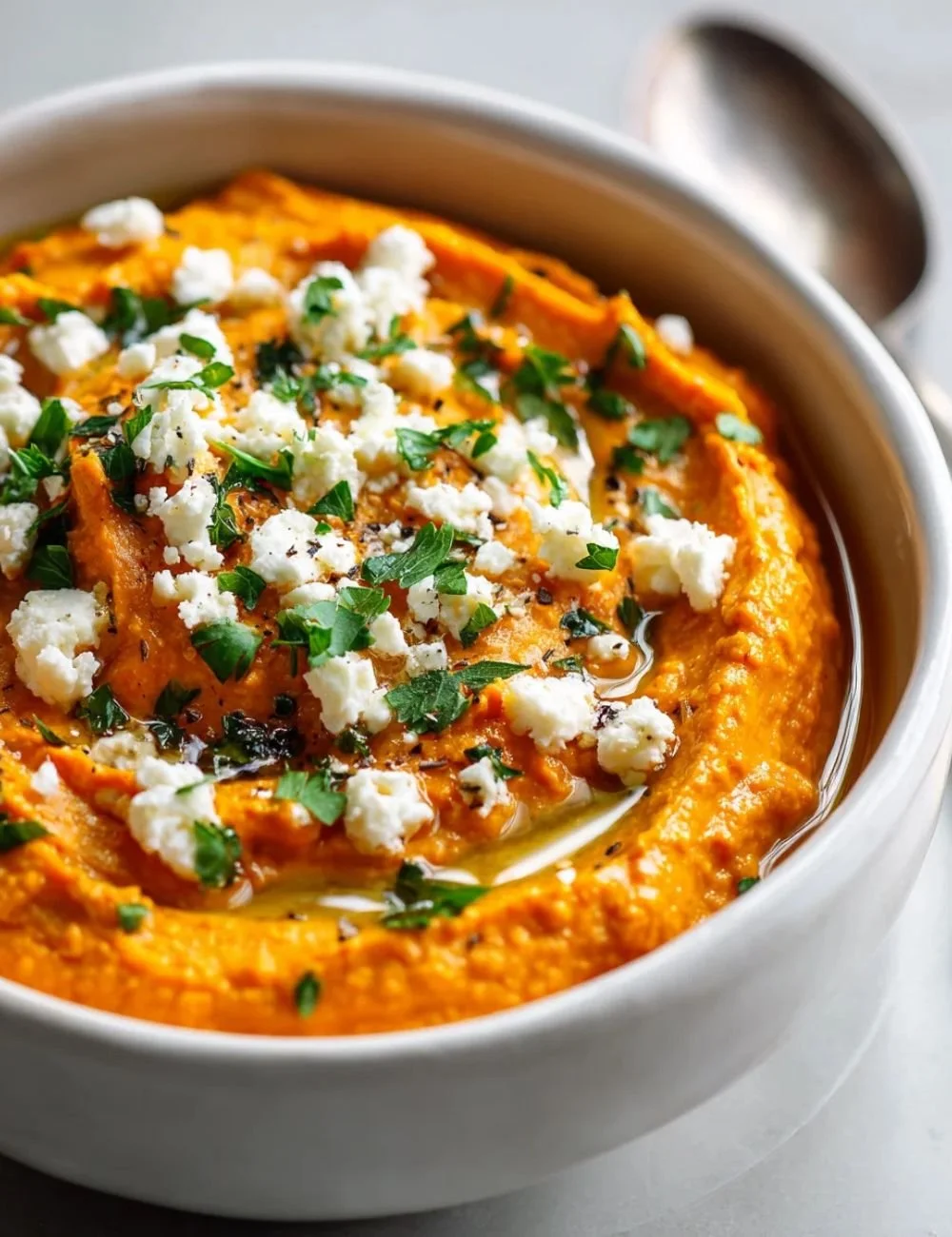 Creamy whipped roasted carrot feta dip served in a bowl with fresh herbs
