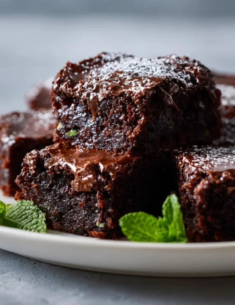 Decadent vegan zucchini brownies on a plate, topped with chocolate drizzle.