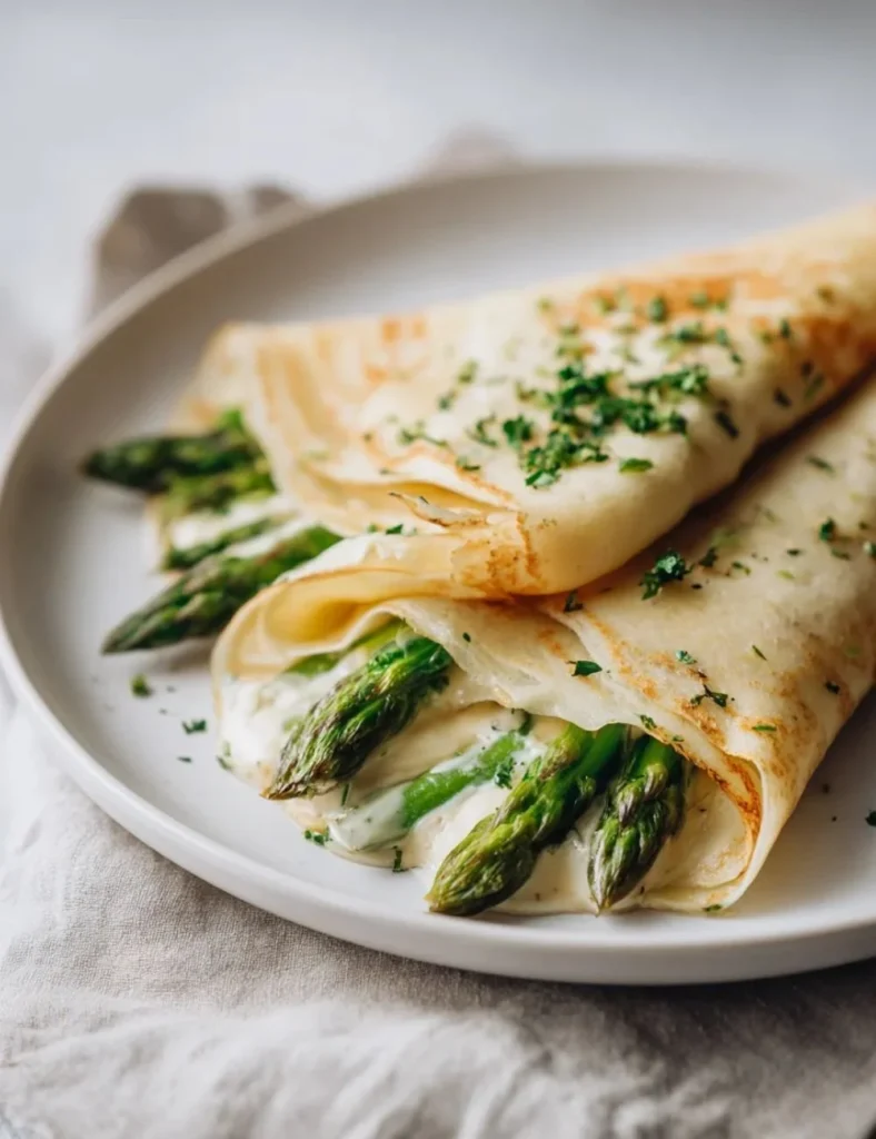 Delicious asparagus crepes filled with cheese and herbs