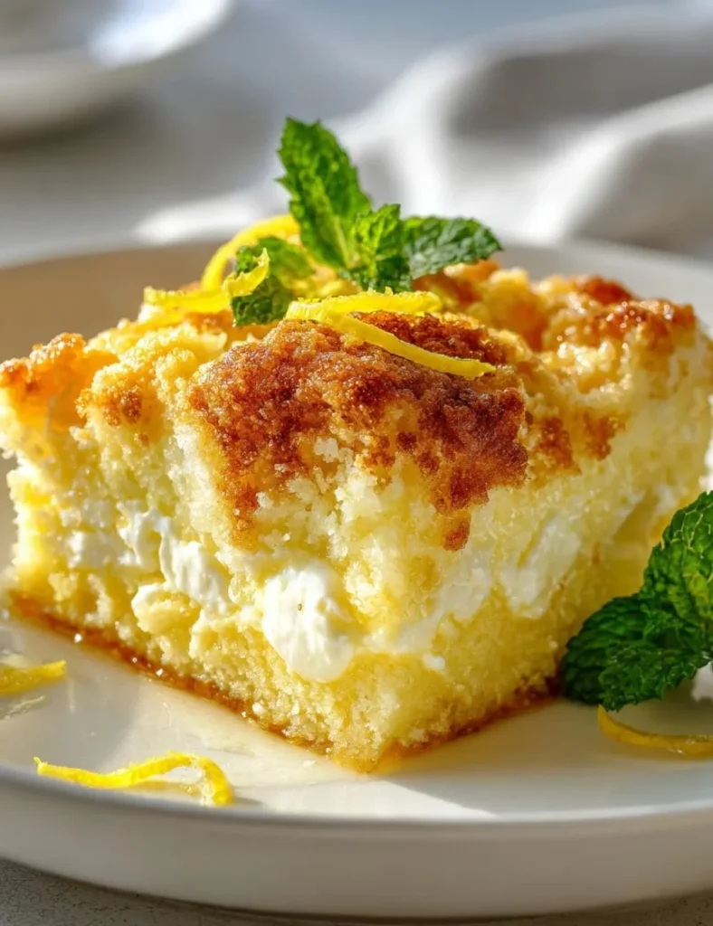 Delicious lemon cream cheese dump cake served on a plate with fresh lemons