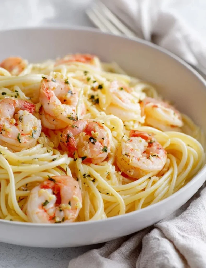 Delicious shrimp garlic butter pasta garnished with fresh herbs