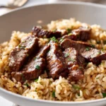 Easy Beef Garlic Rice Skillet recipe with tender beef and fragrant garlic