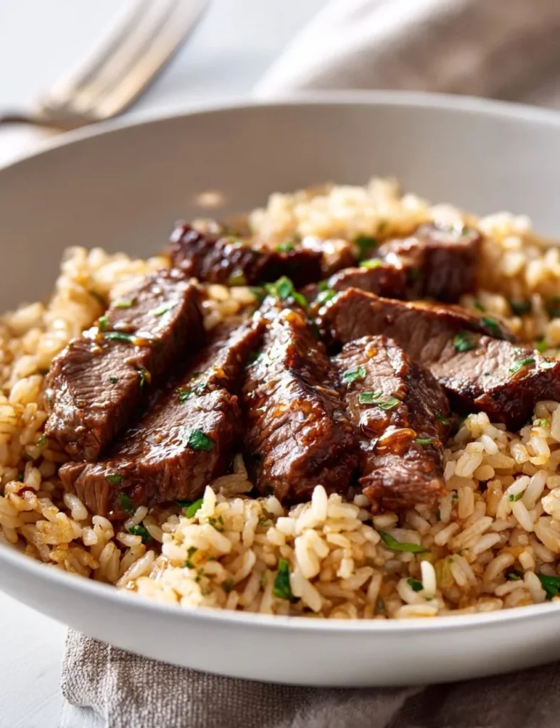 Easy Beef Garlic Rice Skillet recipe with tender beef and fragrant garlic