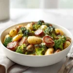 Easy beef sausage gnocchi with Boursin cheese and roasted broccoli dish