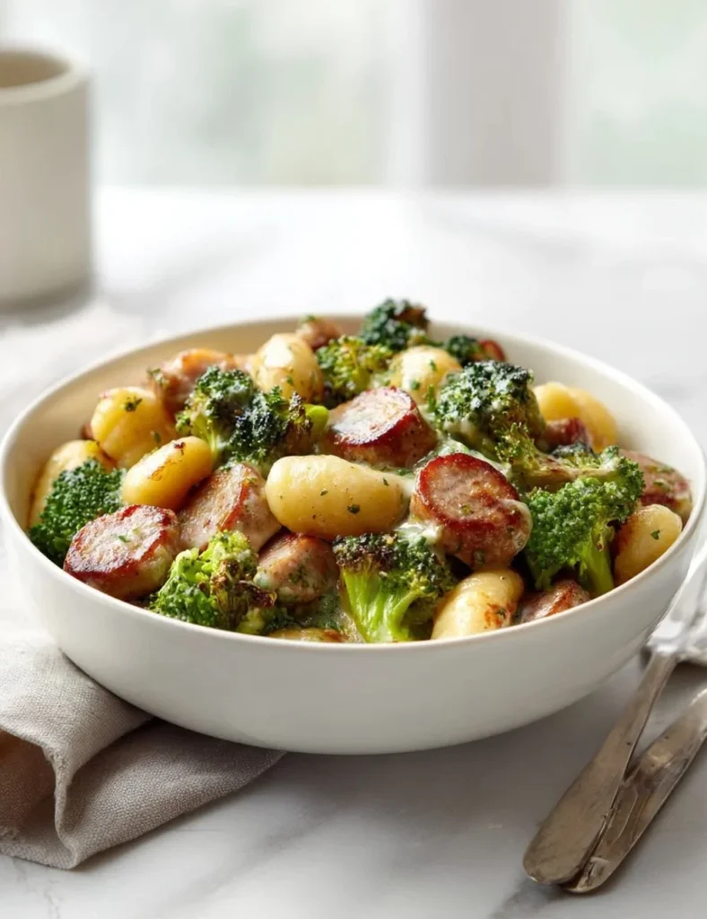 Easy beef sausage gnocchi with Boursin cheese and roasted broccoli dish