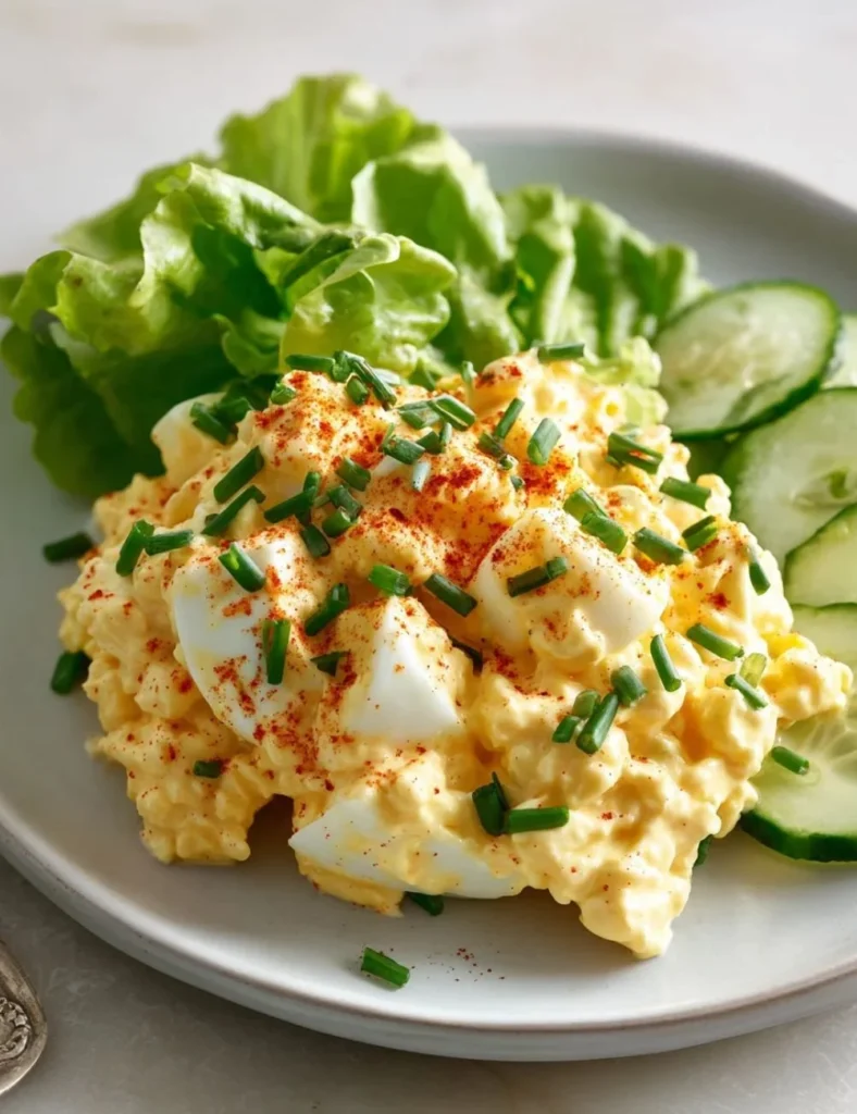Delicious easy egg salad served on a lunch plate with fresh ingredients.