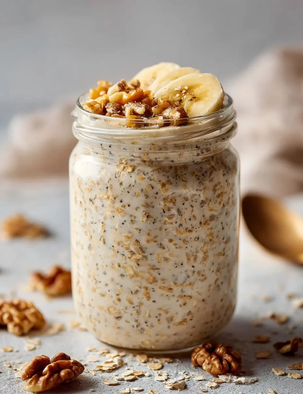 Bowl of fast banana bread overnight oats topped with banana slices and nuts