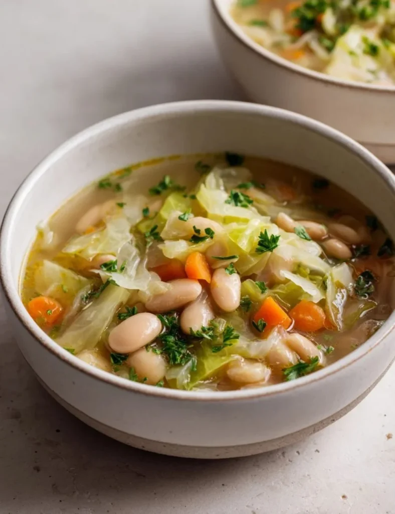 Filling Irish White Bean and Cabbage Stew served in a rustic bowl