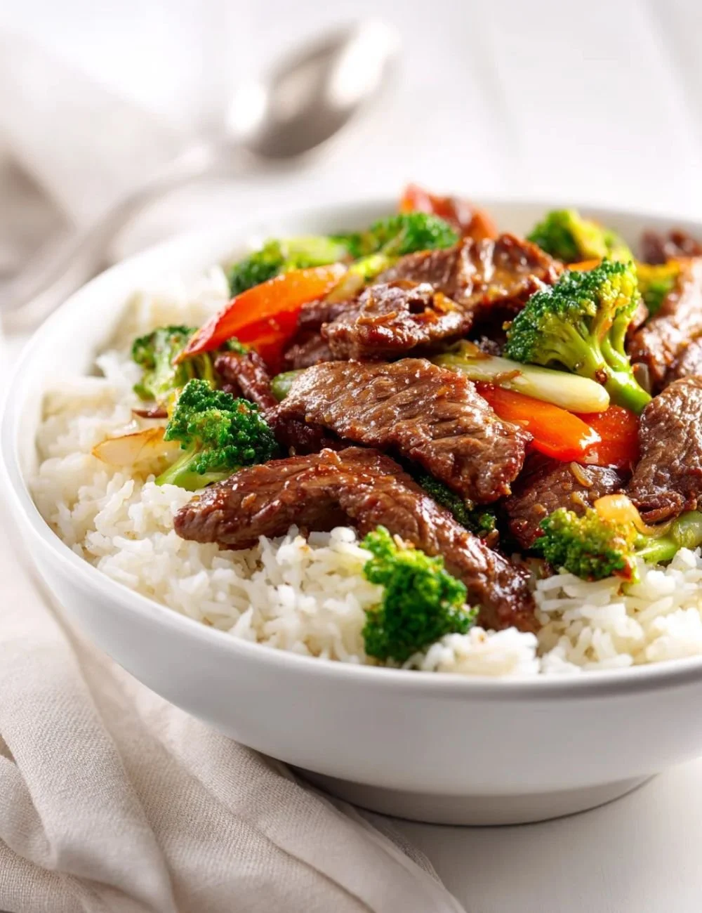Delicious Garlic Beef Stir Fry Bowl with fresh vegetables and savory sauce