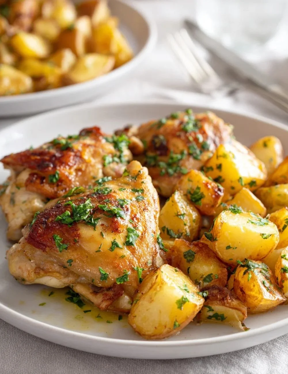 Delicious Garlic Butter Chicken served with roasted potatoes on a plate