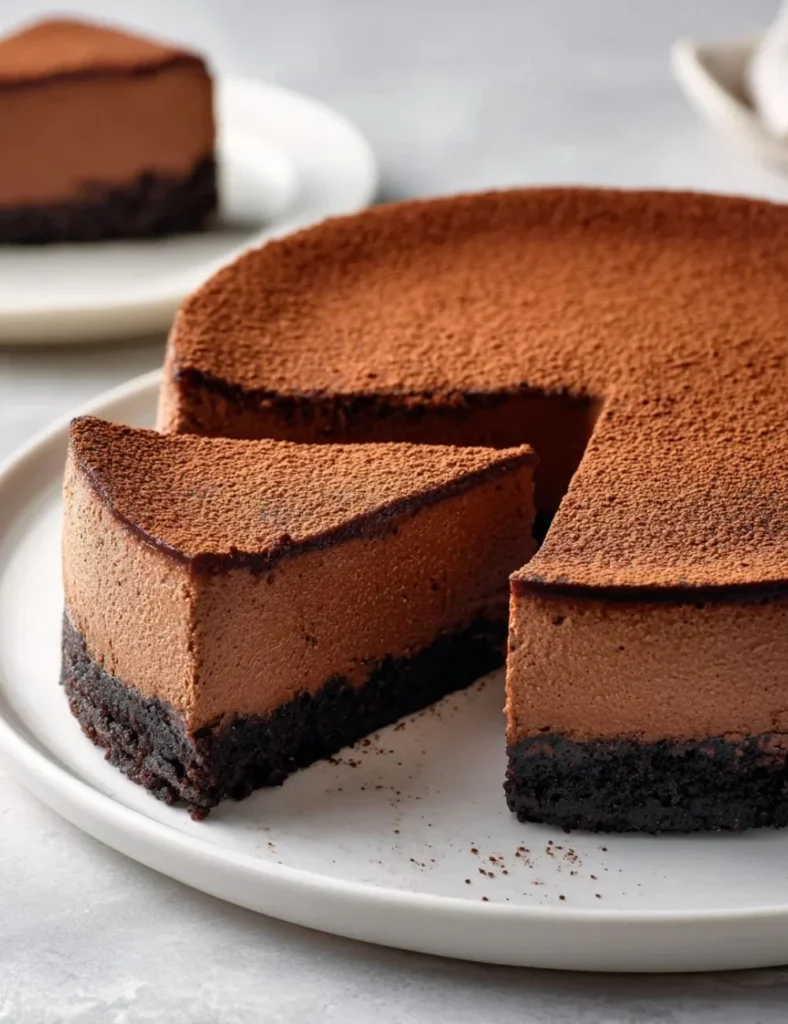 Delicious Guinness Chocolate Cheesecake topped with chocolate shavings.