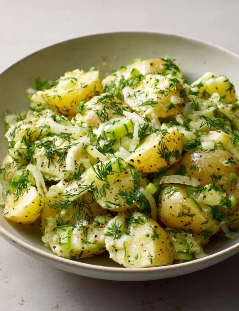 Herb and Leek Potato Salad served in a bowl, garnished with fresh herbs.