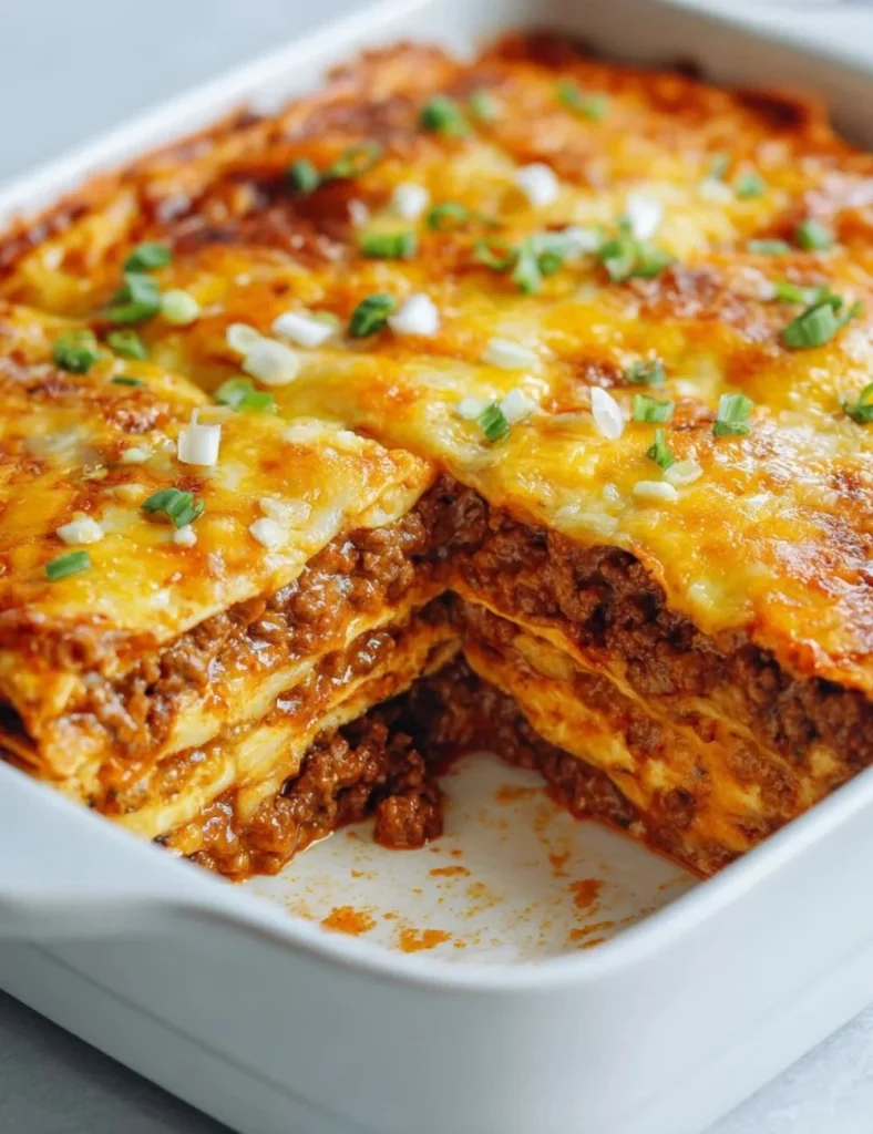 Delicious homemade beef enchilada casserole topped with melted cheese and fresh cilantro