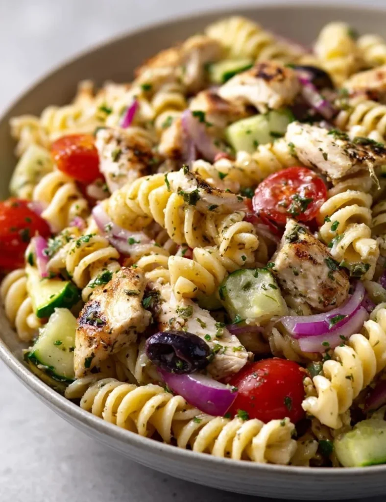 Homemade chicken pasta salad with Italian dressing in a bowl