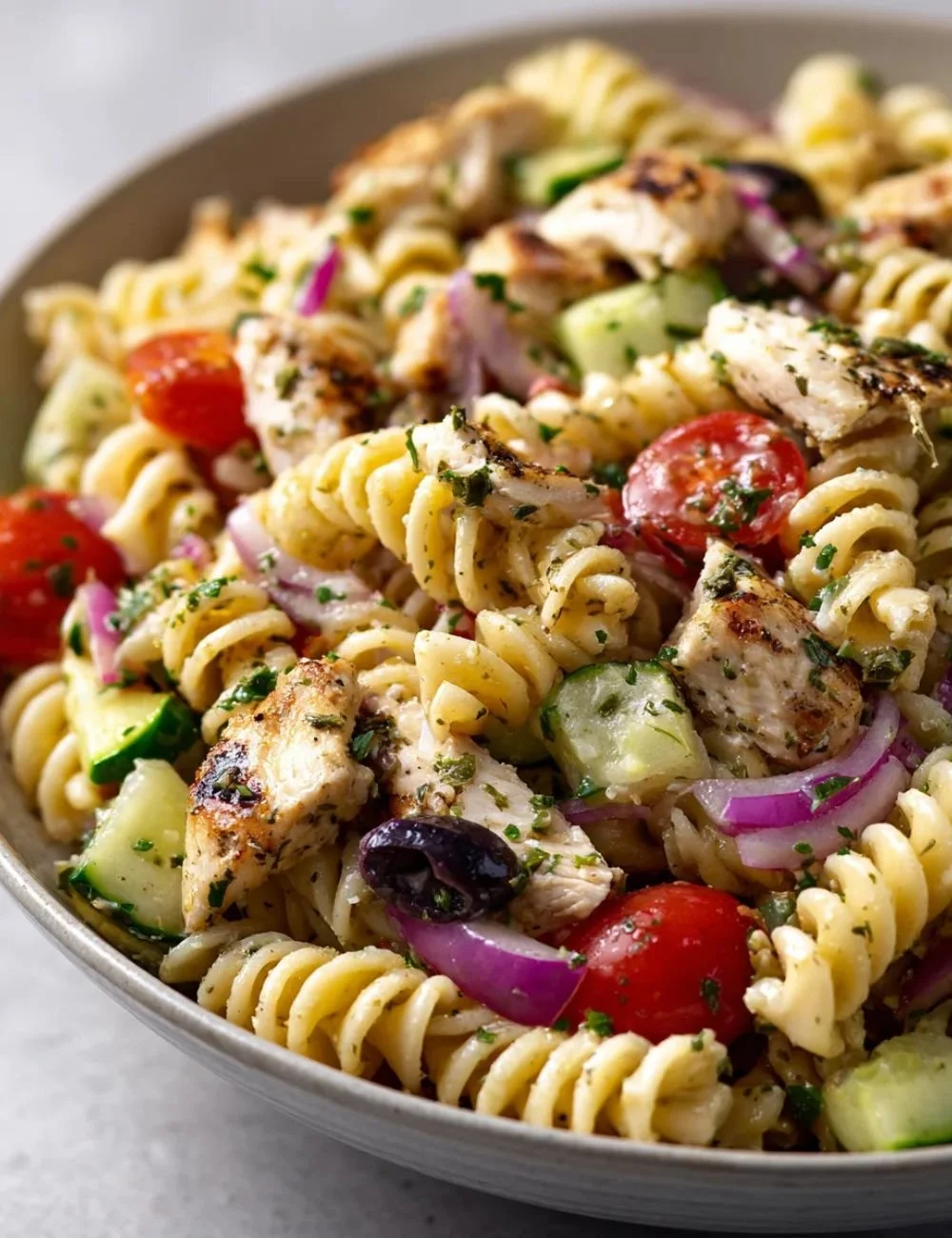 Homemade chicken pasta salad with Italian dressing in a bowl