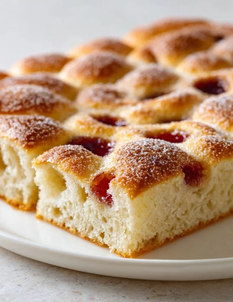 Delicious homemade jam donut focaccia with a dusting of powdered sugar.