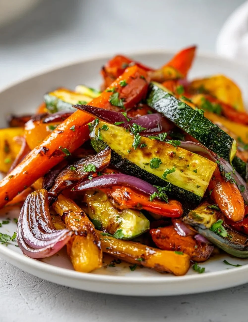 Plate of honey balsamic roasted vegetables, beautifully caramelized and colorful