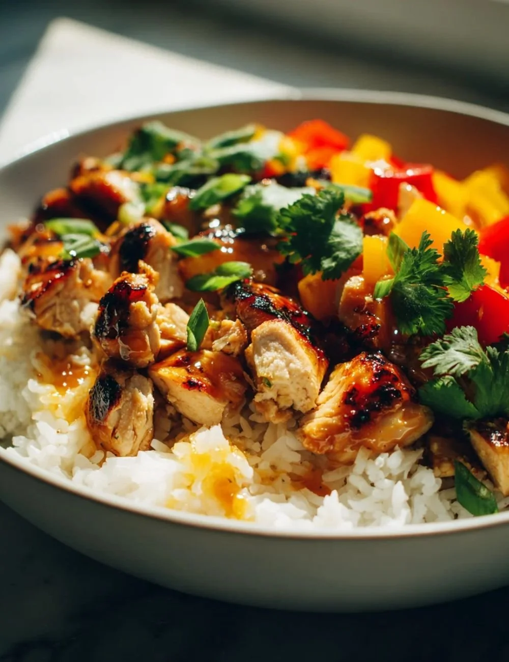 Honey Lime Chicken Rice Bowl with fresh vegetables and lime wedges