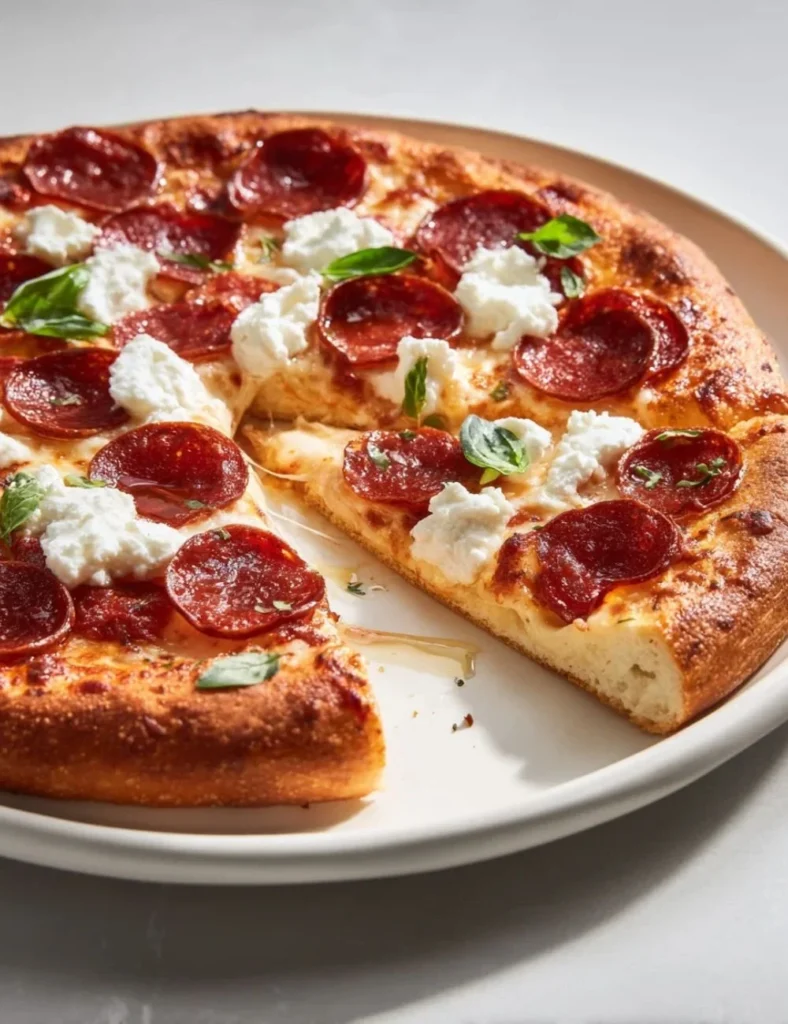 Delicious Hot Honey Beef Pepperoni Pizza with creamy ricotta topping