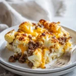 Irresistible cheesy cauliflower beef hamburger casserole dish ready to serve