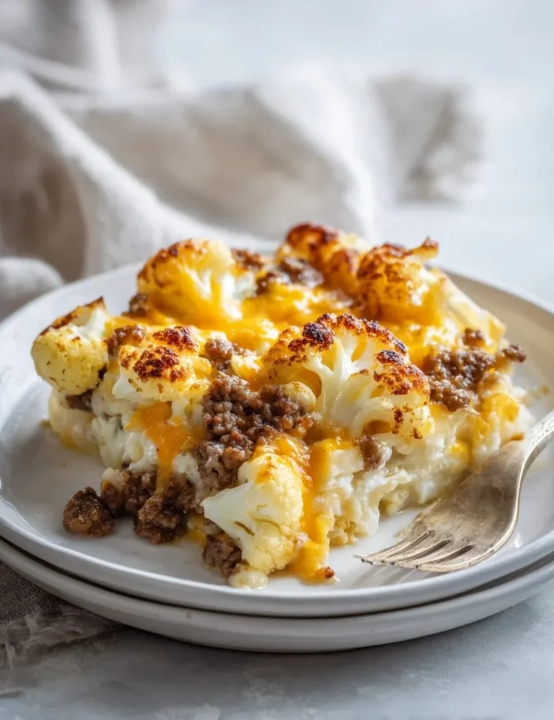 Irresistible cheesy cauliflower beef hamburger casserole dish ready to serve