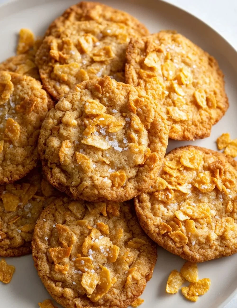 Delicious homemade Peanut Butter Cornflake Cookies on a rustic plate