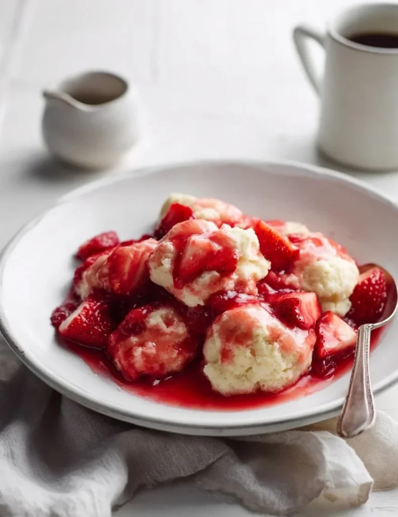 Delicious strawberry rhubarb grunt dessert in a bowl