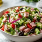 Vibrant Italian Chopped Salad with vegetables, cheese, and dressing.