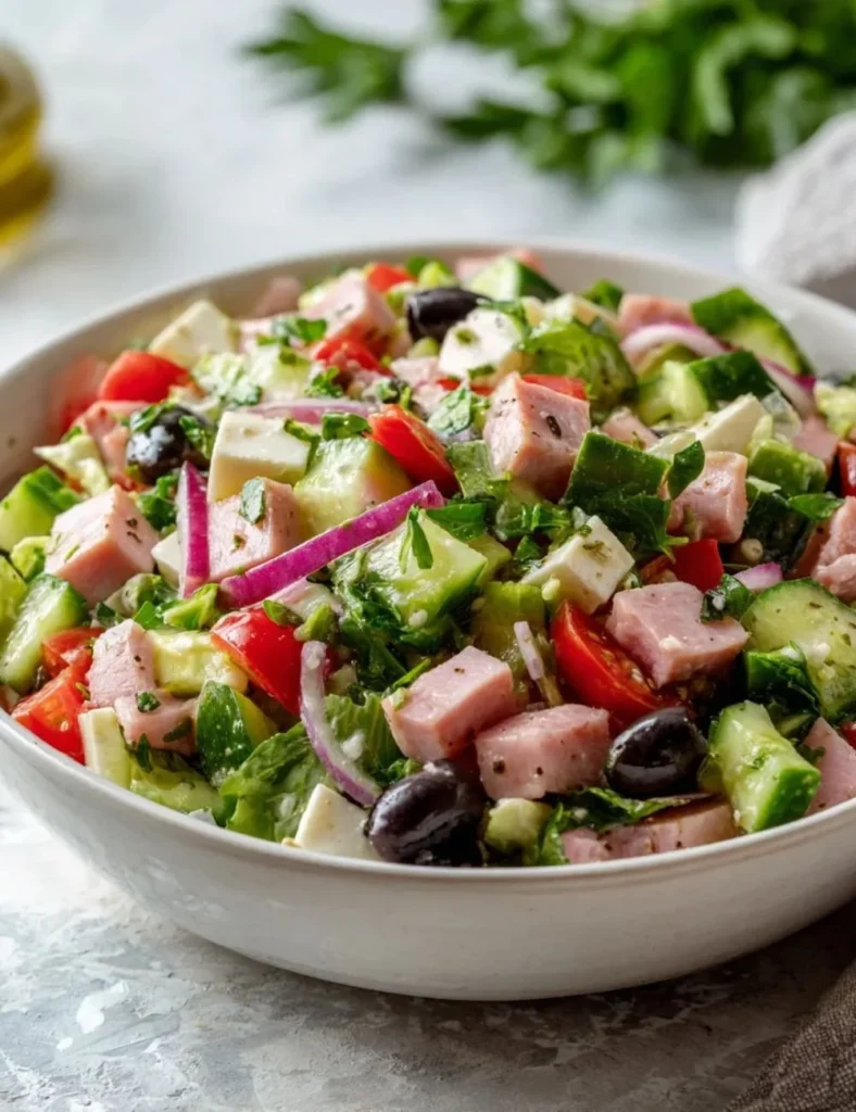 Vibrant Italian Chopped Salad with vegetables, cheese, and dressing.