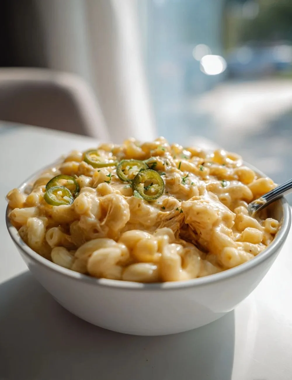 Jalapeño BBQ chicken protein mac served in a bowl, garnished with fresh herbs.