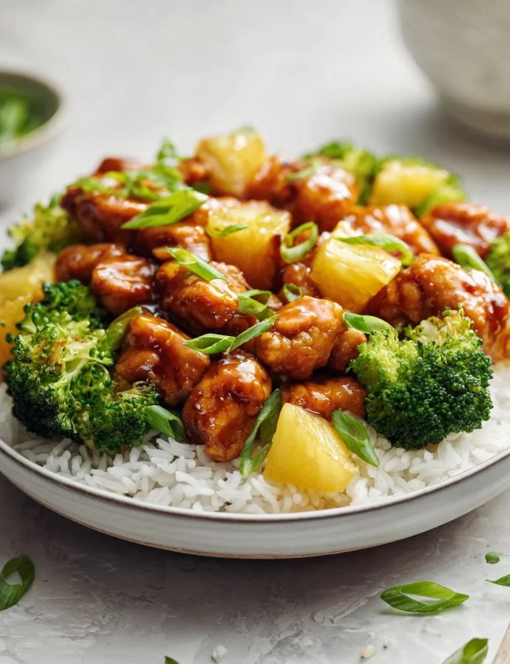 Juicy pineapple chicken with broccoli served on a plate