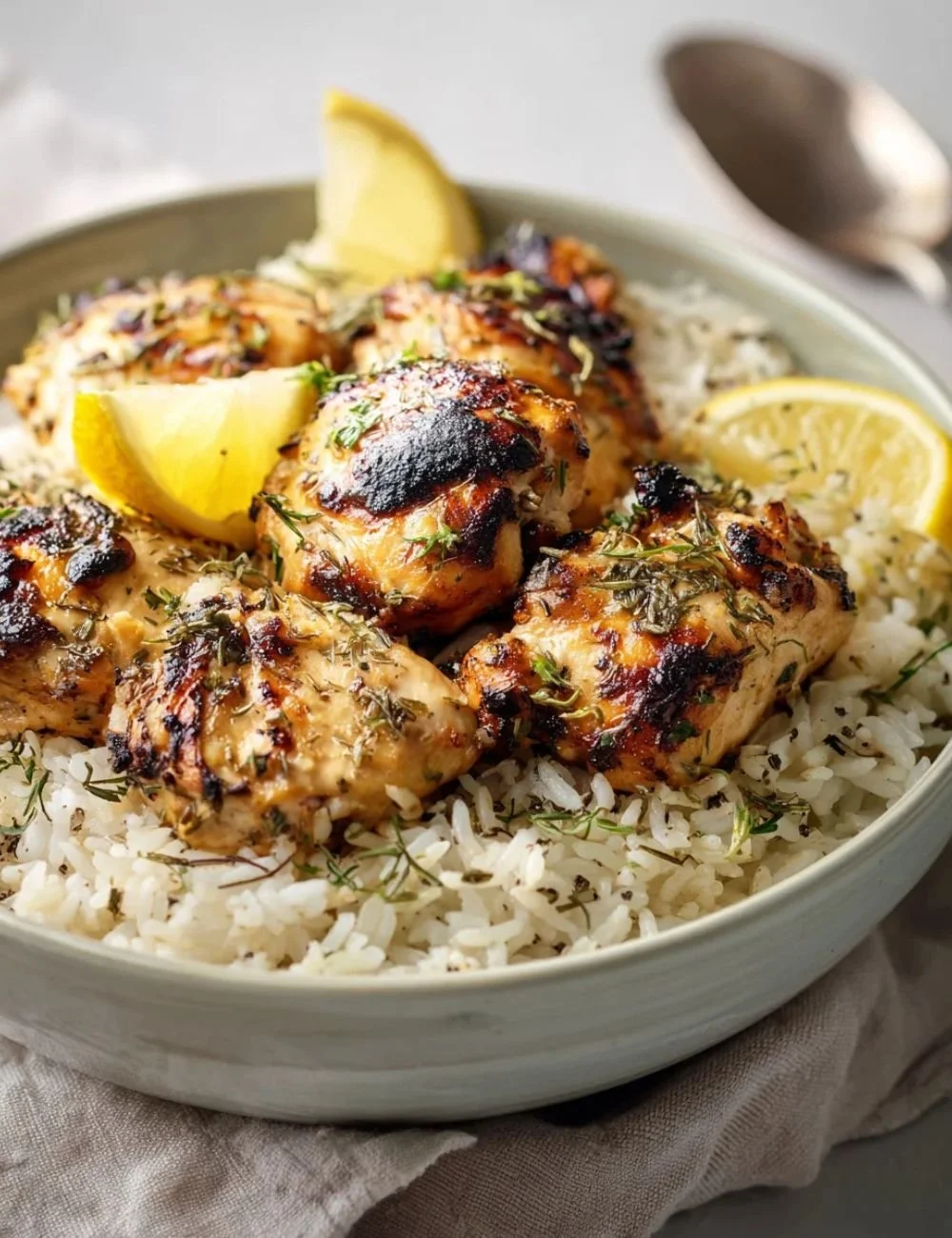 Lemon Herb Chicken Rice Bowl with colorful vegetables and herbs