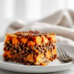Lentil and sweet potato casserole served in a dish with fresh herbs